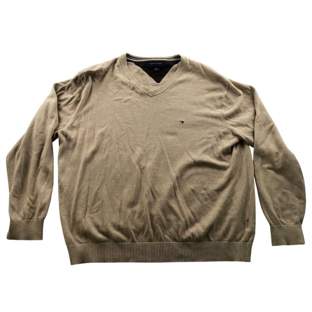 Tommy Hilfiger Mens Sweater Size XL Beige V-Neck Long Sleeve Pullover Classic